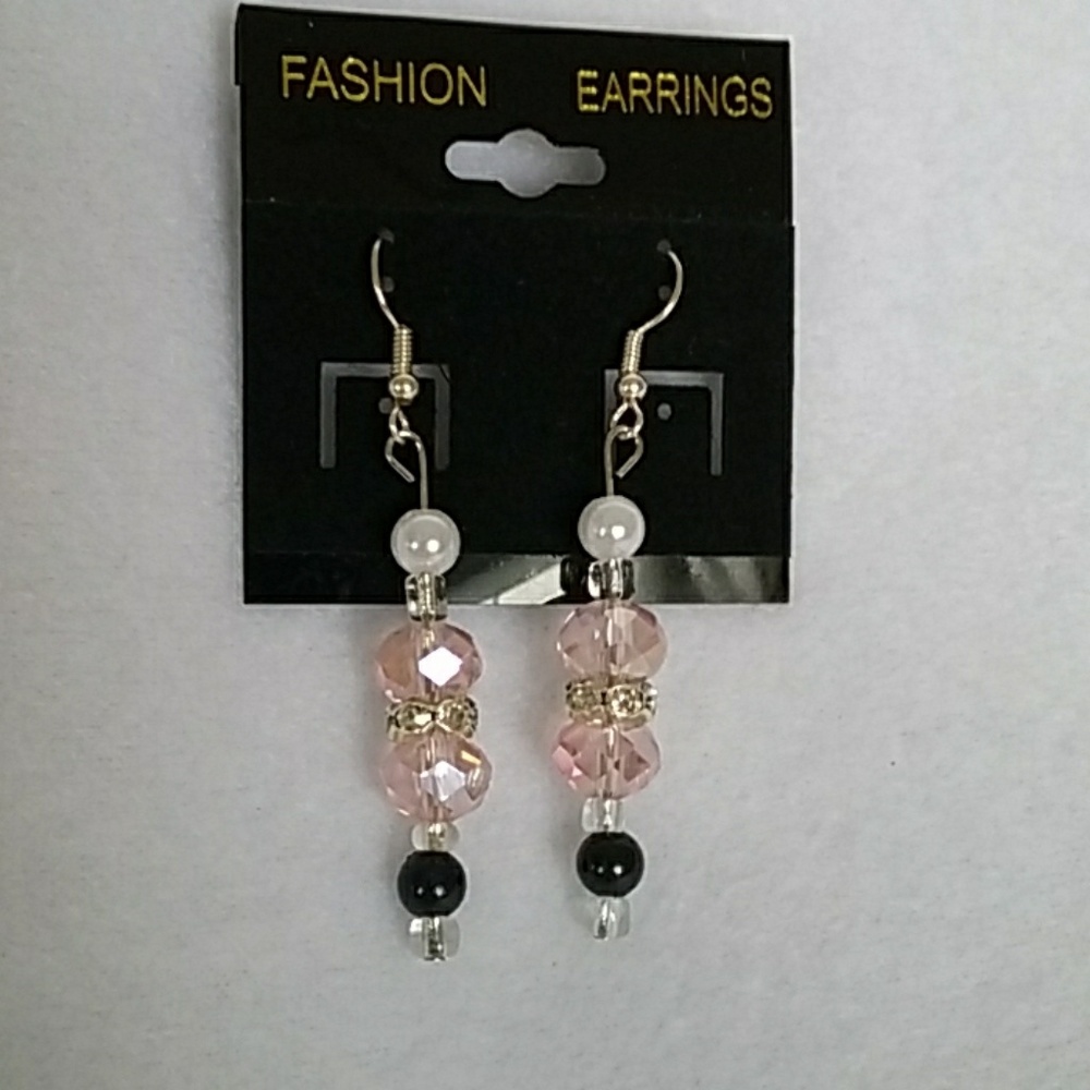 Pink, black, and white beaded hook earrings